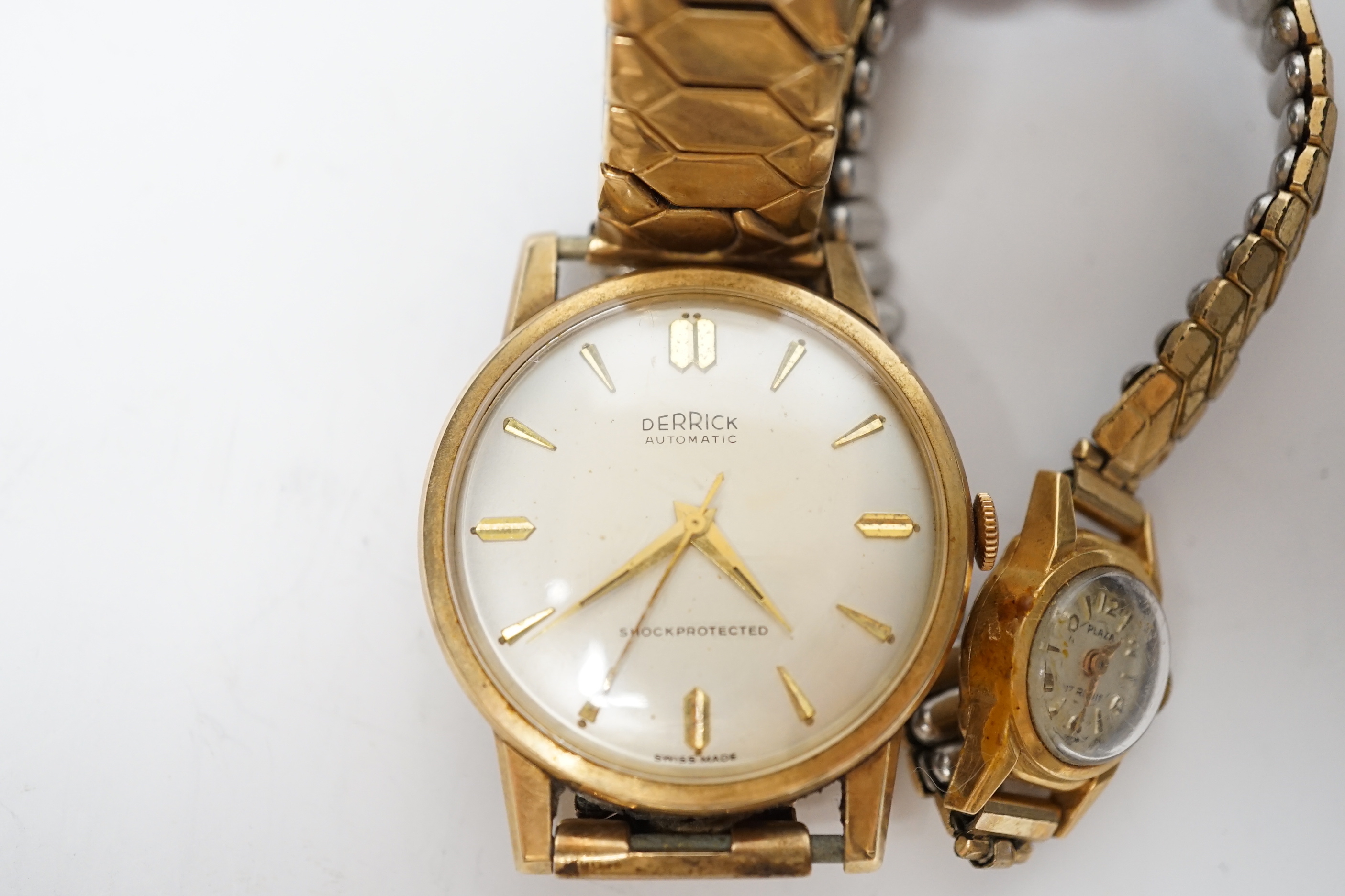 A lady's 18ct gold Plaza manual wind wrist watch, on a steel and gold plated flexible strap, together with a gentleman's 9ct gold Derrick automatic wrist watch, on a flexible strap.